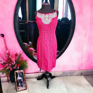 Nanette LePore Dress Fushia Pink Eyelet Lace Overlay Lined Beaded Sheath Dress 8
